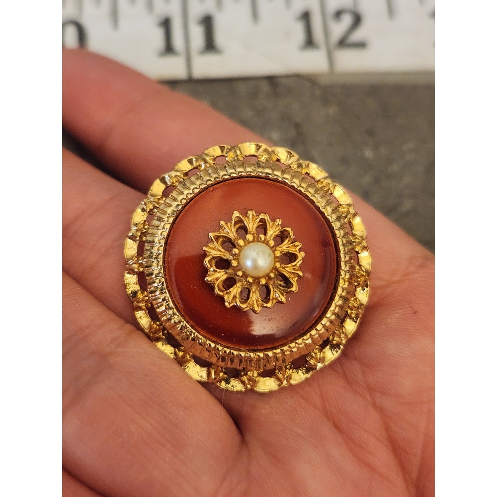 Sarah Coventry Brooch Gold Tone Orange Stone Faux Carnelian Pearl Jewelry‎ VTG